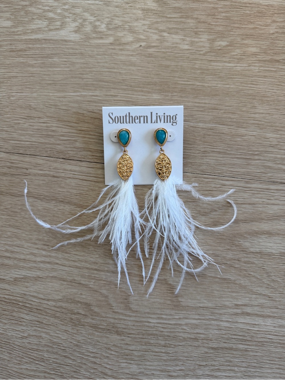 Southern Living NWT Gold Tone Aqua Blue Teardrop White Feather Tassel Earrings